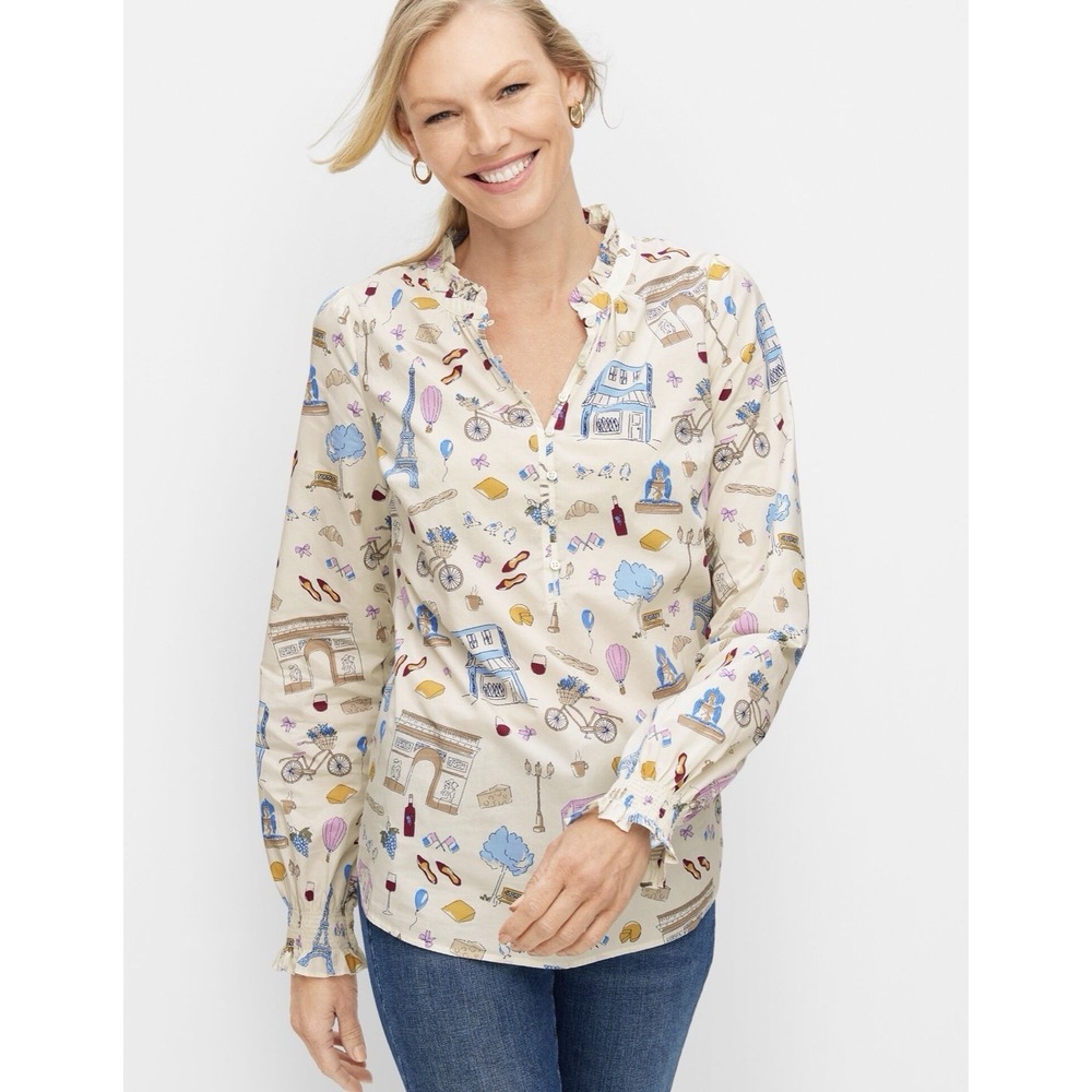 Talbots Paris Icons Ruffle Trim Popover Top Cotton Women's Size M Eiffel Tower